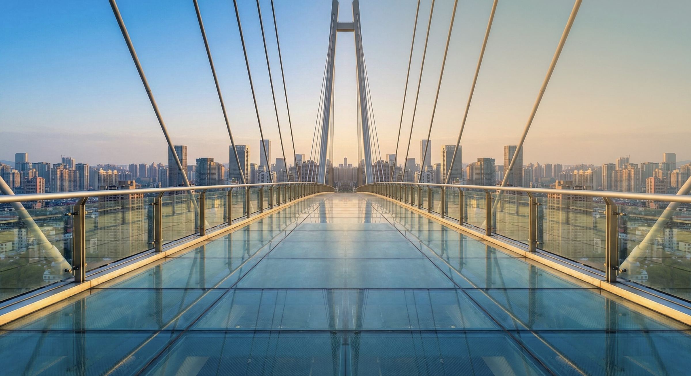 Passerella in vetro di un ponte sospeso verso lo skyline di una città, al tramonto